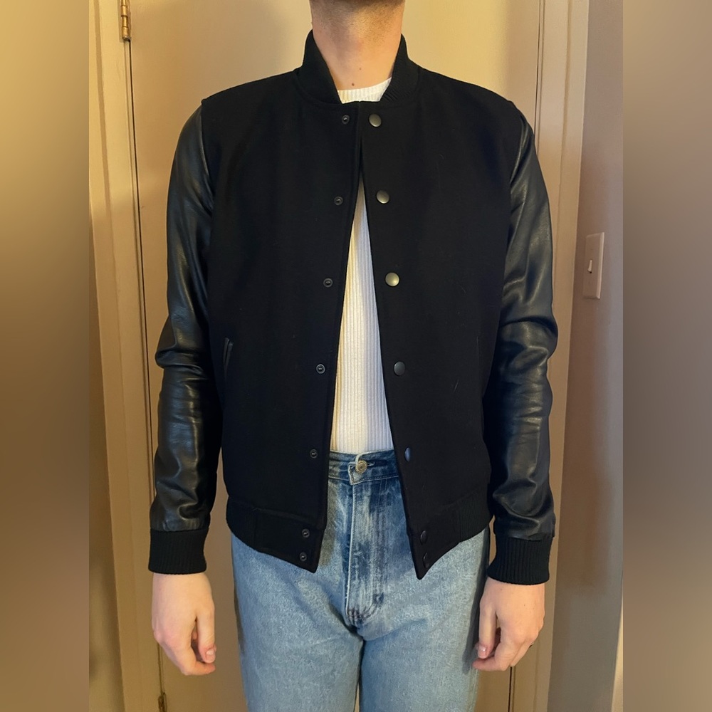 Topman Vegan Leather Sleeve Bomber Jacket